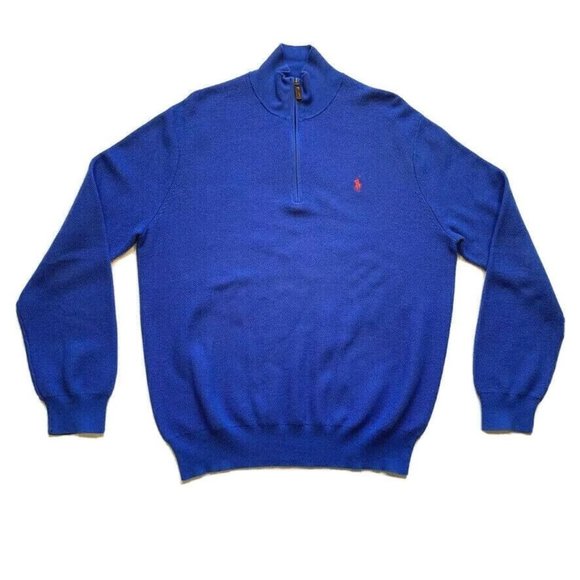 Polo Ralph Lauren Pima Cotton Sweater Pullover Waffle Knit 1/4 Zip Blue XL EUC - Picture 1 of 12